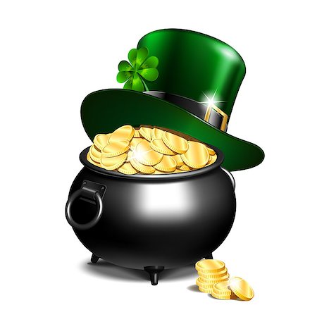simsearch:400-08193746,k - St. Patricks Day symbols - green leprechaun hat with clover on black iron pot full of goldand stack of coins near. Vector illustration isolated on white background. Foto de stock - Super Valor sin royalties y Suscripción, Código: 400-09115700
