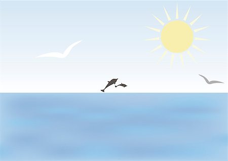stokkoval (artist) - Two dolphins are swimming in the sea. Dolphins can be seen on the horizon Foto de stock - Super Valor sin royalties y Suscripción, Código: 400-09115887