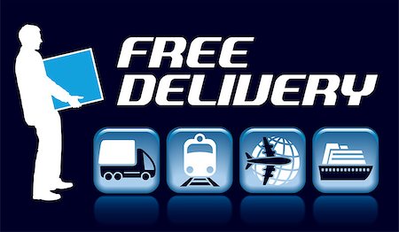 Free delivery sign. A businessman is holding a container next to transportation icons. Stock Photo - Budget Royalty-Free & Subscription, Code: 400-09115888