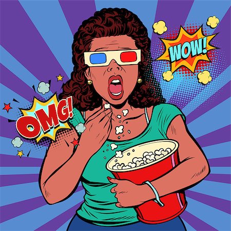 Woman in 3d glasses watching a scary movie and eating popcorn. Fast food in the cinema hall. Pop art retro vector illustration comic cartoon vintage kitsch Stock Photo - Budget Royalty-Free & Subscription, Code: 400-09115904