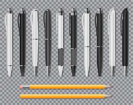 simsearch:400-06172102,k - Set of Realistic office Elegant pens and pencil isolated on transparent background. Office Blank white and black Ball Pens. Vector illustration EPS 10 Foto de stock - Royalty-Free Super Valor e Assinatura, Número: 400-09115992