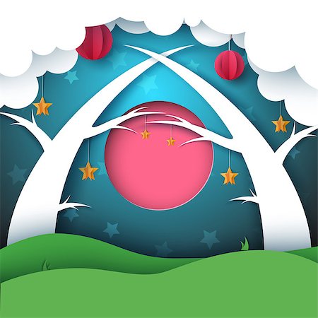simsearch:400-04284665,k - Cartoon paper forest night landscape. Moon, cloud, sun, tree Vector eps 10 Stock Photo - Budget Royalty-Free & Subscription, Code: 400-09116031