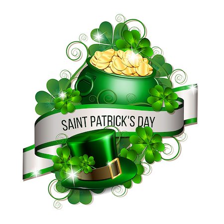 simsearch:400-05885156,k - Patrick day card with ribbon, leprechaun hat, pot full of coins and clover leaves. St. Patricks Day symbols. Vector illustration Stock Photo - Budget Royalty-Free & Subscription, Code: 400-09116135