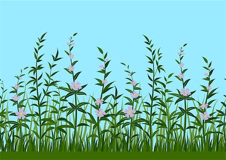 simsearch:400-06918933,k - Seamless Horizontal Background, Nature, Landscape with Fresh Green Grass, Leaves, Lilac Flowers and Blue Sky, Tile Pattern for Your Design. Vector Foto de stock - Super Valor sin royalties y Suscripción, Código: 400-09116144