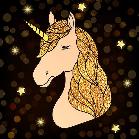 simsearch:400-08015077,k - Head of hand drawn unicorn with golden hair on dark night background. Foto de stock - Super Valor sin royalties y Suscripción, Código: 400-09116378