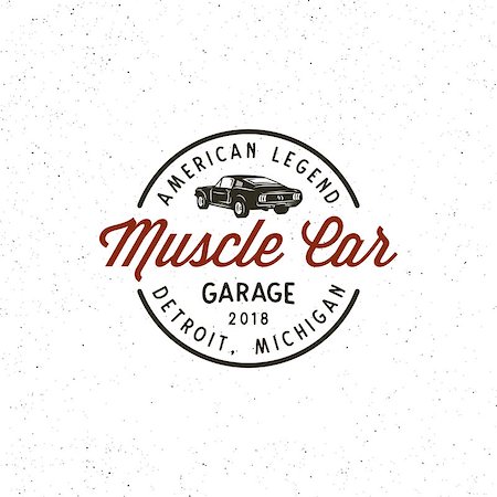 restoring car in garage - vintage muscle car garage logo. retro vehicle emblem, badge, design element, logotype template. vector illustration Stock Photo - Budget Royalty-Free & Subscription, Code: 400-09116385