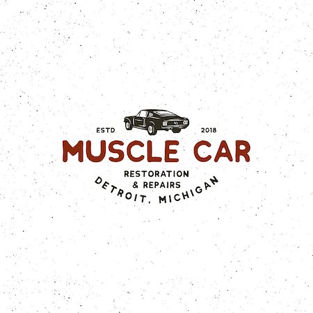 restoring car in garage - vintage muscle car garage logo. retro vehicle emblem, badge, design element, logotype template. vector illustration Stock Photo - Budget Royalty-Free & Subscription, Code: 400-09116383