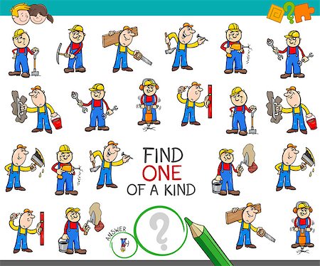 simsearch:400-09091850,k - Cartoon Illustration of Find One of a Kind Picture Educational Activity Game for Children with Professional Worker Characters Stock Photo - Budget Royalty-Free & Subscription, Code: 400-09116443