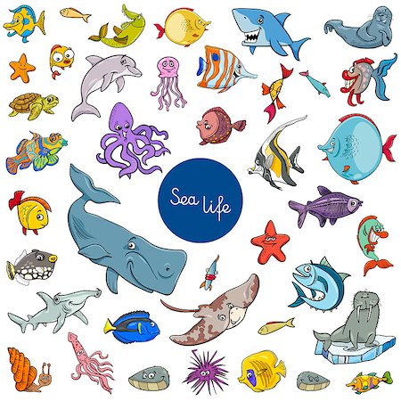 Cartoon Illustration of Sea Life Animal Characters Large Collection Photographie de stock - Aubaine LD & Abonnement, Code: 400-09116451