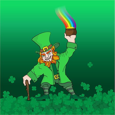 pollyw (artist) - Saint Patrickâ?'S day poster, with Leprechaun with treasure , rainbow , green  background with clover .Vector illustration. Stock Photo - Budget Royalty-Free & Subscription, Code: 400-09116503
