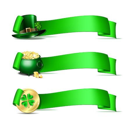 simsearch:400-08193746,k - Patricks Day banners. Green ribbons with green leprechaun top hat, pot full of gold coins and golden coins of leprechaun with clover. Vector illustration isolated on white background Foto de stock - Super Valor sin royalties y Suscripción, Código: 400-09116580