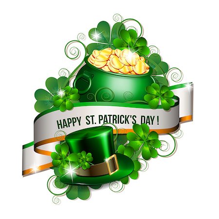 simsearch:400-05885156,k - Patrick day card with ribbon, leprechaun hat, pot full of coins and clover leaves. St. Patricks Day symbols. Vector illustration Stock Photo - Budget Royalty-Free & Subscription, Code: 400-09116760