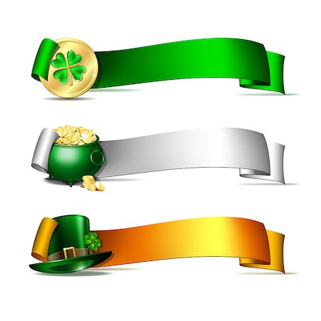 simsearch:400-04316567,k - Patricks Day banners. Colorful ribbons with green leprechaun top hat, pot full of gold coins and golden coins of leprechaun with clover. Vector illustration isolated on white background Foto de stock - Royalty-Free Super Valor e Assinatura, Número: 400-09116761