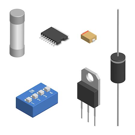 simsearch:400-09120941,k - Set of different active and passive electronic components isolated on white background. Resistor, capacitor, diode, microcircuit, fuse and button. 3D isometric style, vector illustration. Stock Photo - Budget Royalty-Free & Subscription, Code: 400-09116806