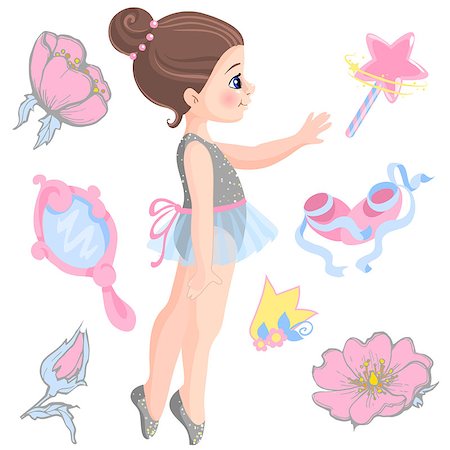 simsearch:400-08496646,k - Vector illustration of little ballerina and other related items- magic wand, star, glitters, flower of rose, mirror, crown, tiara. Stockbilder - Microstock & Abonnement, Bildnummer: 400-09116831