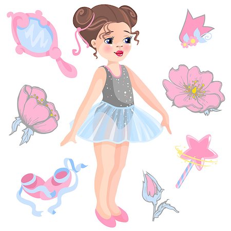 simsearch:400-08496646,k - Vector illustration of little ballerina and other related items- magic wand, star, glitters, flower of rose, mirror, crown, tiara. Stockbilder - Microstock & Abonnement, Bildnummer: 400-09116832