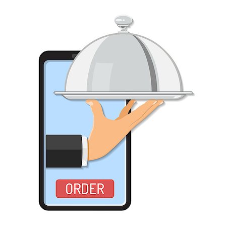 restaurant server order - Online Order Concept. Hand holds tray with cover. Internet delivery via Phone. Flat style icons. Isolated vector illustration Stock Photo - Budget Royalty-Free & Subscription, Code: 400-09116961