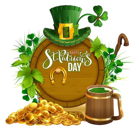 simsearch:400-04167000,k - St. Patrick's day party text greeting card. Gold coins, wooden barrel and mug beer, gold horseshoe, hat and leaves clover. Isolated on white vector cartoon illustration Foto de stock - Super Valor sin royalties y Suscripción, Código: 400-09116993