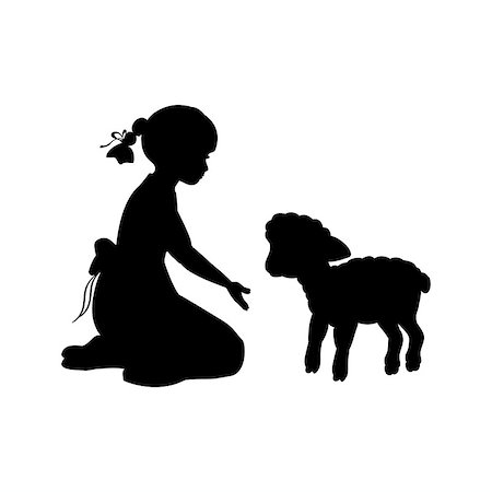 picture with a little girl and lamb - Silhouette girl sitting knees beckon lamb. Vector illustration Stock Photo - Budget Royalty-Free & Subscription, Code: 400-09117018