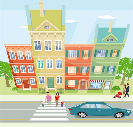 family in a suburban community - Cityscape with stroller Illustration Stock Photo - Budget Royalty-Free & Subscription, Code: 400-09117021