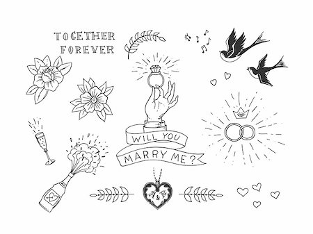 Set of hand drawn traditional tattoo elements. Vintage vector design for stickers ar prints. Stock Photo - Budget Royalty-Free & Subscription, Code: 400-09117054