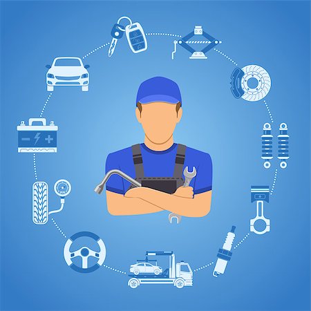 Car Services Concept for Poster, Web Site, Advertising with two color flat icons Spark Plug, Battery, Jack and Mechanic. Isolated vector illustration Stock Photo - Budget Royalty-Free & Subscription, Code: 400-09117135