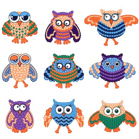 simsearch:400-08557267,k - Set of nine amusing ornate owls with circles isolated on the white background, vector illustration Stock Photo - Budget Royalty-Free & Subscription, Code: 400-09117179
