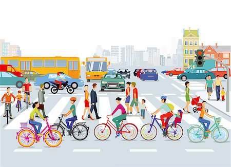 simsearch:400-04748524,k - City with road traffic, cyclists and pedestrians, illustration Stock Photo - Budget Royalty-Free & Subscription, Code: 400-09117377
