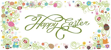 Stock vector isolated banner inscription, hand lettering, calligraphy, typography Happy Easter bunny, rabbit, hare, lapin, colored Easter eggs, spring decoration flower element design white background Stock Photo - Budget Royalty-Free & Subscription, Code: 400-09117405