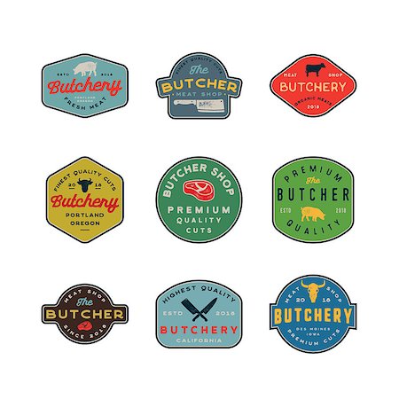 simsearch:400-09114224,k - set of vintage butchery logos. retro styled meat shop emblems, badges, design elements, logotype templates. vector illustration Stock Photo - Budget Royalty-Free & Subscription, Code: 400-09117464