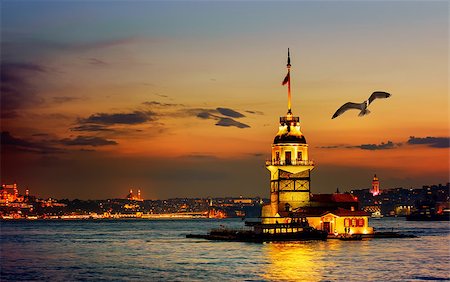 Seagull fliying near Maiden's Tower in Istanbul at sunset, Turkey Stock Photo - Budget Royalty-Free & Subscription, Code: 400-09117783