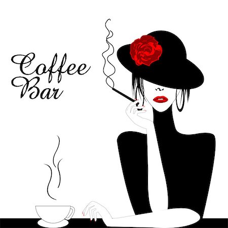 Coffee Bar Illustration with woman smoking cigarette and drinking coffee Stock Photo - Budget Royalty-Free & Subscription, Code: 400-09117813