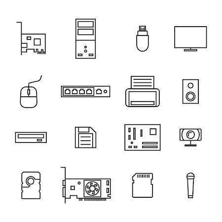 simsearch:400-06851376,k - Set of icons computer devices and accessories of thin lines, isolated on white background, vector illustration. Stock Photo - Budget Royalty-Free & Subscription, Code: 400-09117891