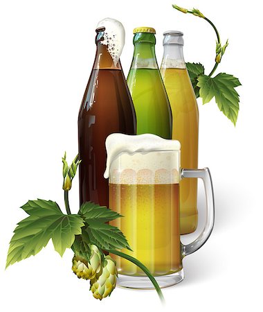 pavelmir (artist) - Beer mug, three different bottles of beer and hops Stockbilder - Microstock & Abonnement, Bildnummer: 400-09118156