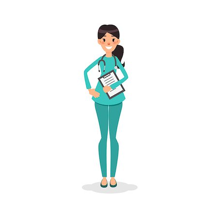 Cartoon flat nurse smiling. Young women doctor with stethoscope and patient history. Nursing women character for medical or information poster. Happy nurse, doctor or health day Stock Photo - Budget Royalty-Free & Subscription, Code: 400-09119665