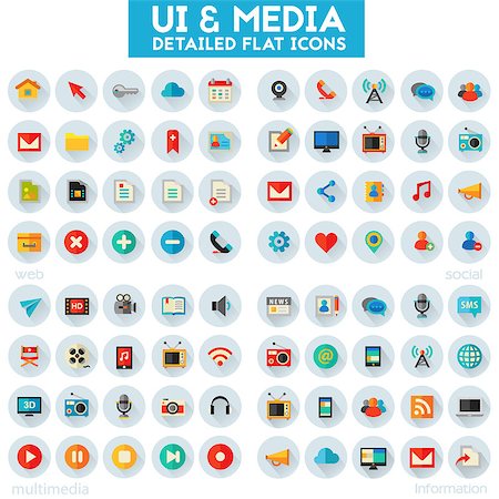 simsearch:400-06851376,k - Trendy flat detailed multimedia, information, web and social colored icons on white background Stock Photo - Budget Royalty-Free & Subscription, Code: 400-09119824