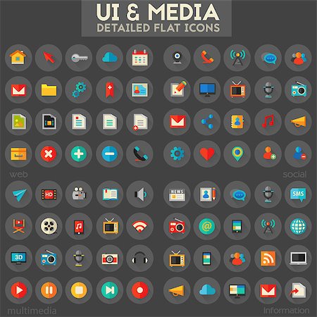 simsearch:400-06851376,k - Trendy flat detailed multimedia, information, web and social colored icons on dark background Stock Photo - Budget Royalty-Free & Subscription, Code: 400-09119825