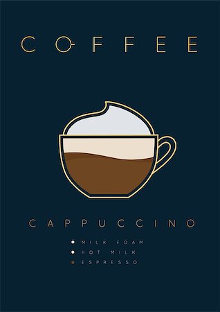 Poster coffee cappuccino with names of ingredients drawing in flat style on dark blue background Stock Photo - Budget Royalty-Free & Subscription, Code: 400-09110013