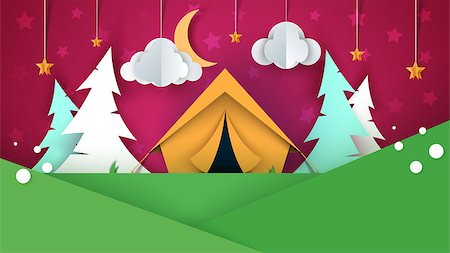 simsearch:400-07310113,k - Cartoon paper landscape. Tent, Christmas tree, cloud, sky star llustration Vector eps 10 Foto de stock - Super Valor sin royalties y Suscripción, Código: 400-09110048