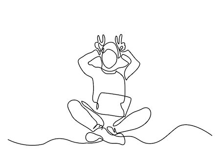 fingers outline drawing - Continuous line drawing. Woman with laptop showing horns gesture behind head with fingers. Vector illustration Stock Photo - Budget Royalty-Free & Subscription, Code: 400-09110066