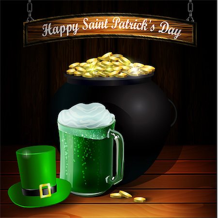 simsearch:400-04167000,k - St. Patrick s Day vector greeting card with green, hat, beer mug and hanging wooden sign on wooden background Foto de stock - Super Valor sin royalties y Suscripción, Código: 400-09110270