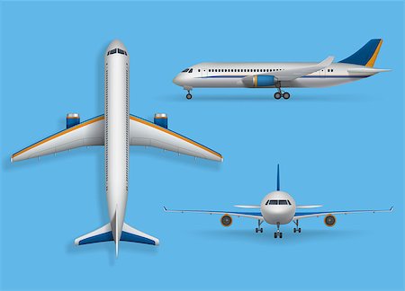 simsearch:400-09116929,k - Realistic passenger airplane mock up, airliner in top, side, front view. Modern aircraft flight isolated on blue background. 3d airplane transport design. Vector illustration EPS 10 Stockbilder - Microstock & Abonnement, Bildnummer: 400-09110427