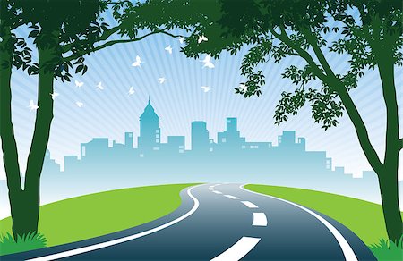 simsearch:694-03333040,k - Cheerful summer day. View of road, trees, meadows and the skyline of the city. Stock Photo - Budget Royalty-Free & Subscription, Code: 400-09110470