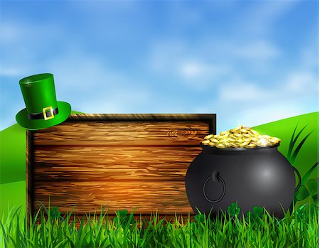 simsearch:400-06066026,k - St. Patrick s Day symbol pot gold coins leprechaun hat with wooden board for your design Vector illustration Foto de stock - Super Valor sin royalties y Suscripción, Código: 400-09110513