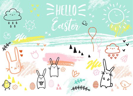 simsearch:400-08411281,k - Easter card with bunnies, eggs, flowers, hand-drawn graphic design elements, vector illustration Stock Photo - Budget Royalty-Free & Subscription, Code: 400-09112622