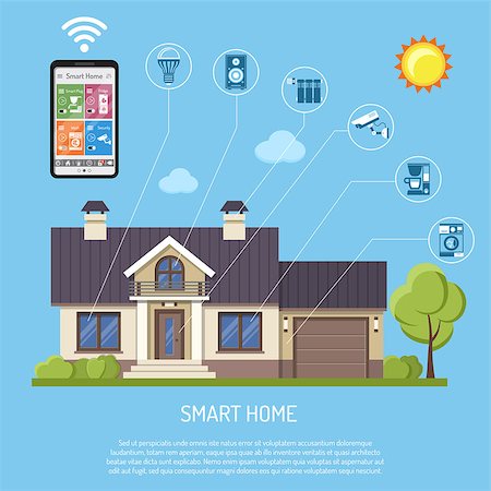 simsearch:400-08818849,k - Smart Home and internet of things concept. Smartphone controls smart house like security cam, lighting, radiator and music center flat icons. Isolated vector illustration Foto de stock - Super Valor sin royalties y Suscripción, Código: 400-09112657