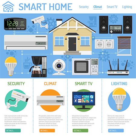 simsearch:400-08818849,k - Smart Home and Internet of Things Infographics. Smart house controls devices like smart plug, climat, coffee maker, router, microwave and music center. Flat style icons. Vector illustration Foto de stock - Super Valor sin royalties y Suscripción, Código: 400-09112661