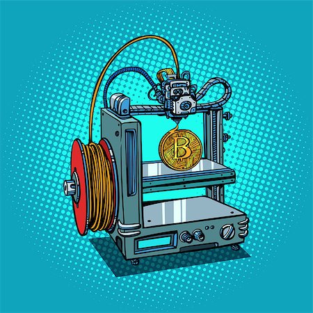 simsearch:400-09097337,k - 3D printer manufacturing bitcoin cryptocurrency. Comic book cartoon pop art retro illustration vector Stock Photo - Budget Royalty-Free & Subscription, Code: 400-09112796