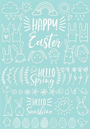 simsearch:400-07552577,k - Cute white Easter doodles, bunnies, eggs and hand drawn flowers, set of vector design elements Photographie de stock - Aubaine LD & Abonnement, Code: 400-09112872