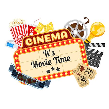 simsearch:400-08709856,k - Cinema and Movie time concept with flat icons transparent film, popcorn, signboard, masks, award and tickets. Isolated vector illustration Stock Photo - Budget Royalty-Free & Subscription, Code: 400-09112907